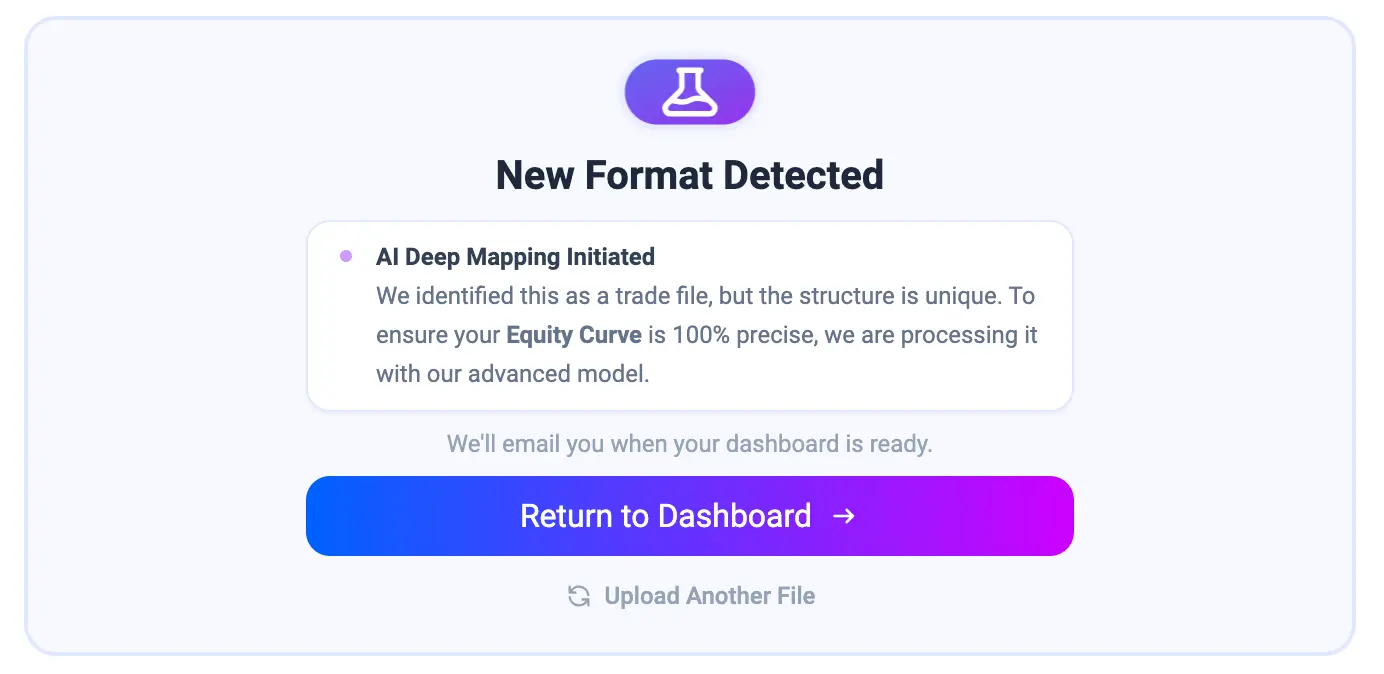 TradeBB interface showing New Format Detected status for AI deep mapping of unknown CSV trade file