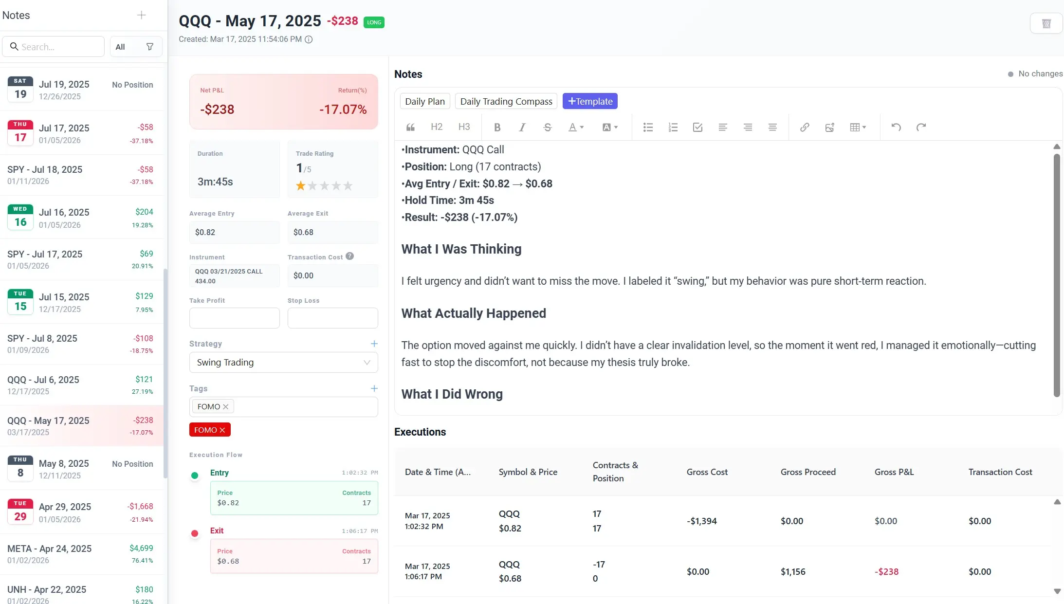 Trade details screen with psychology notes and emotional tags like FOMO