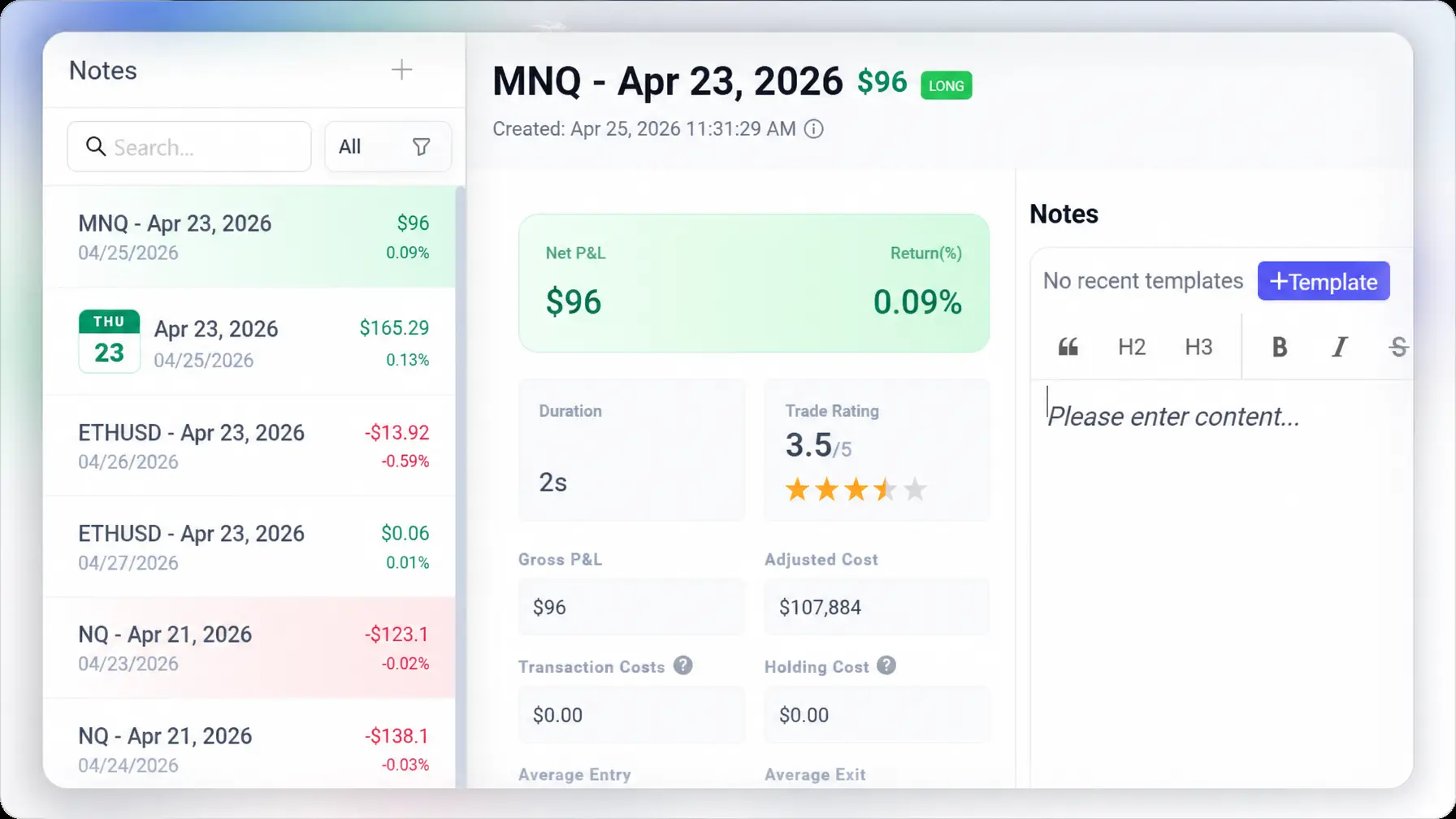 Trade notes in trading journal