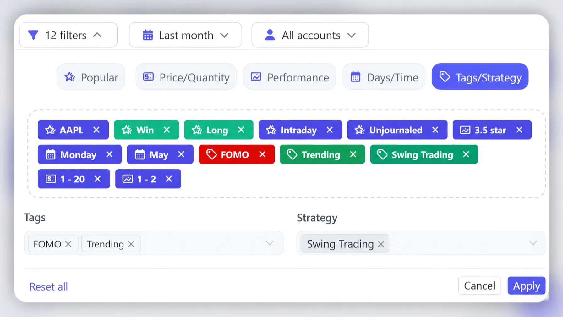 Trading journal filters